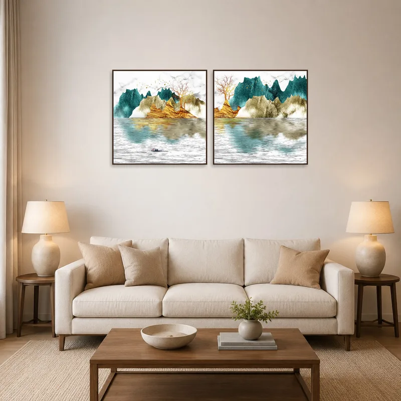 Artwork of vibrant peaks adding color to a cozy living room setup.