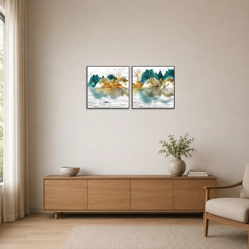 Minimalist room brightened by artwork of colorful mountain peaks.