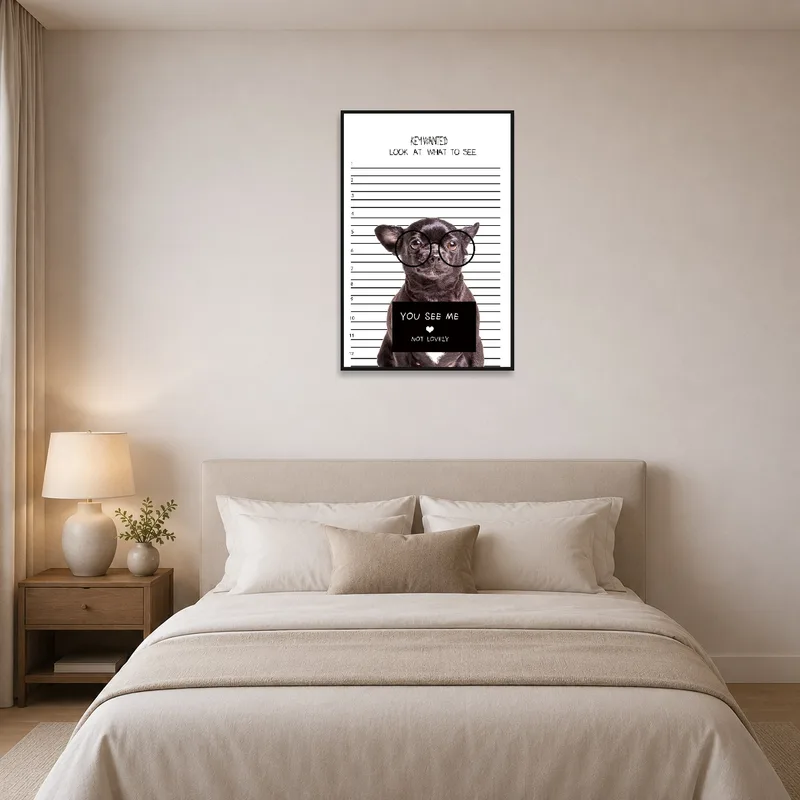 Quirky Chihuahua mugshot art print lends a playful touch to the bedroom ambiance.