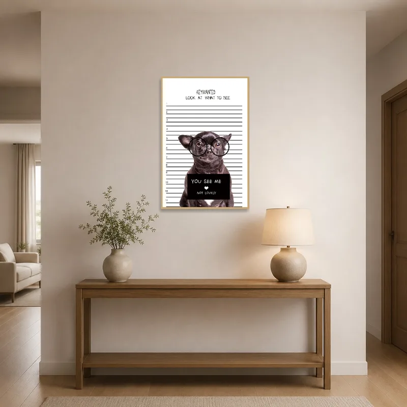 Chihuahua mugshot art print humorously greets guests in the stylish entrance hall.