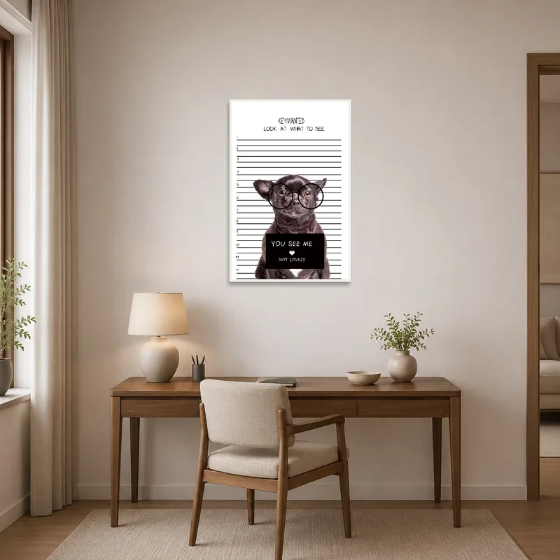 Funny Chihuahua mugshot art print brings character to a vibrant home-office space.