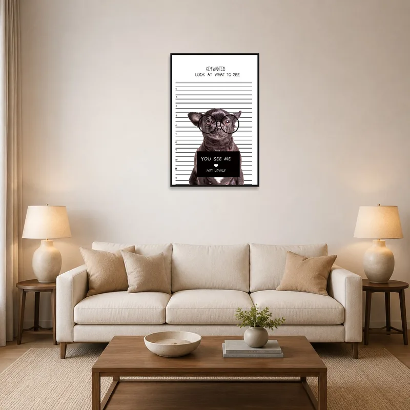 A humorous Chihuahua mugshot art print adds charm to the cozy living-room wall.