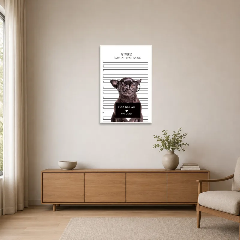 Playful Chihuahua mugshot art print stands out against the minimalist room decor.