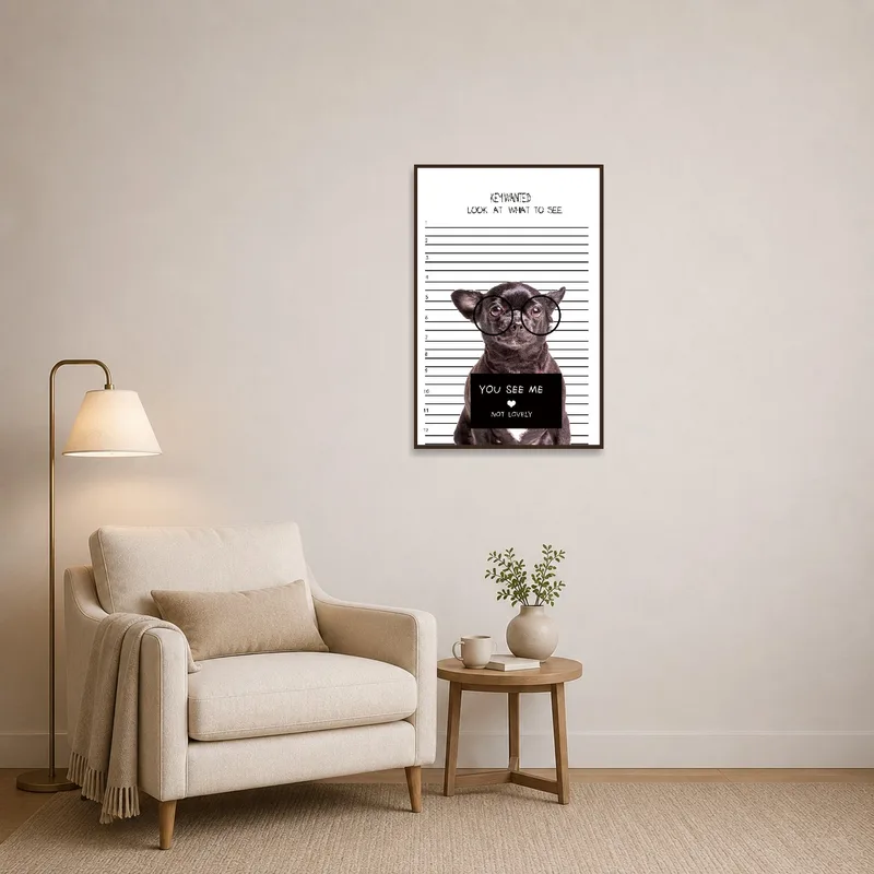 Charming Chihuahua mugshot art print brightens the walls of a serene reading corner.