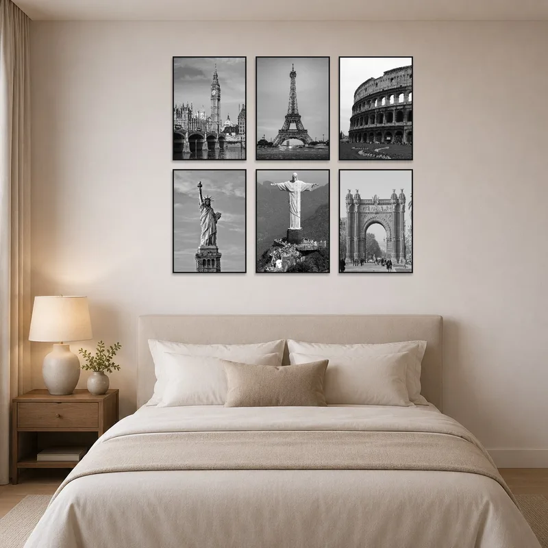 Iconic landmarks art set displayed in a serene bedroom decor.