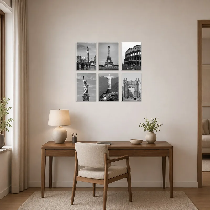 Monochrome art set of landmarks inspiring a focused home office.