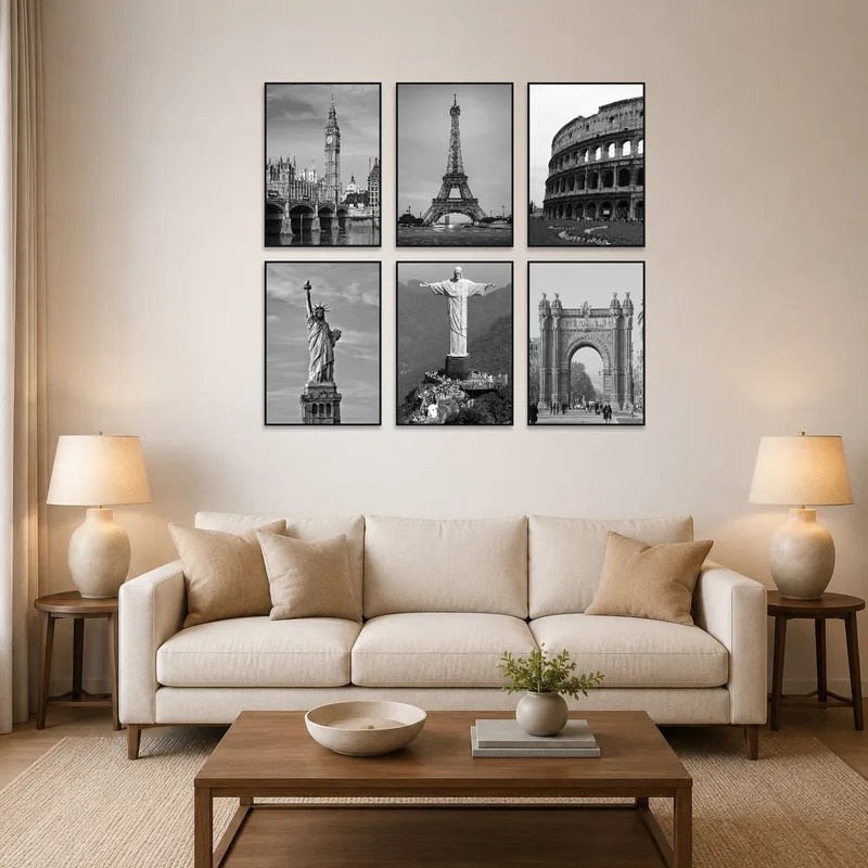 Monochrome landmark art set above a modern living room sofa.