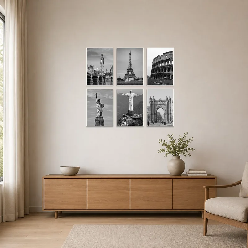 Simple monochrome landmarks art on a white minimalist wall.