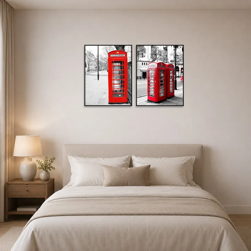 Red London booth art brings charm and color to a serene bedroom.