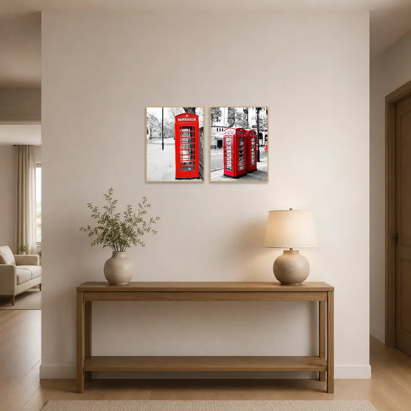 Eye-catching red London telephone booth set in an entrance hall.