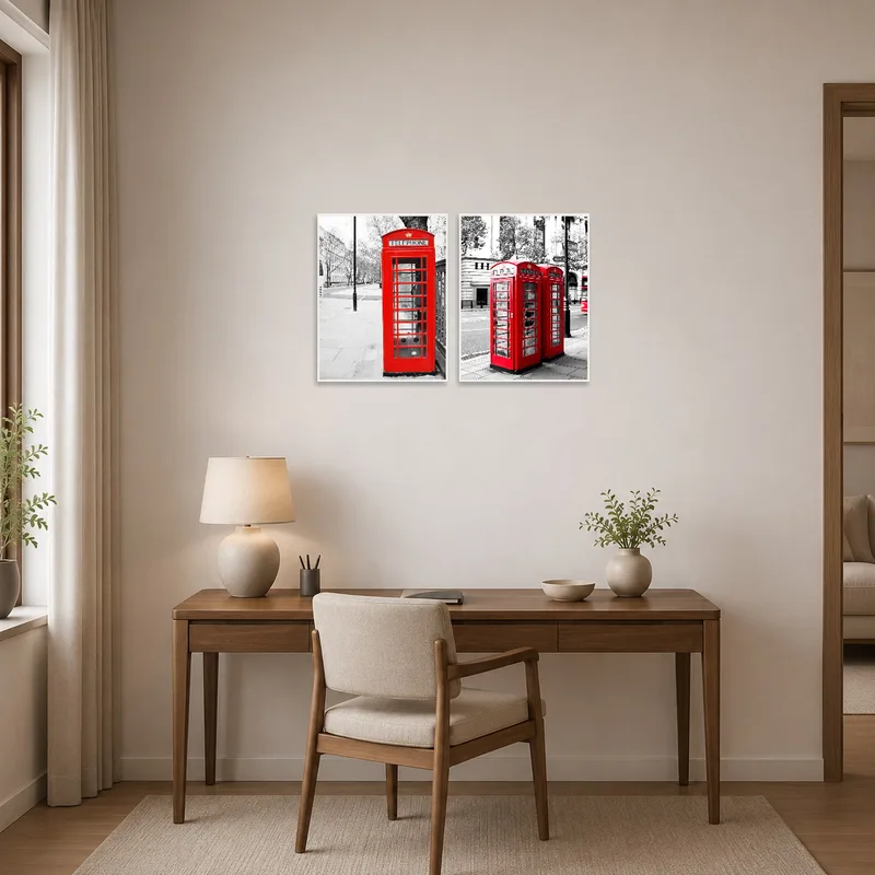 Iconic red telephone booth art inspiring creativity in a home office.