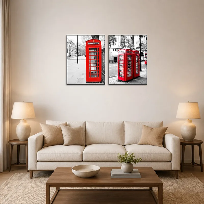 Set of red London telephone booth art hanging in a stylish living room.