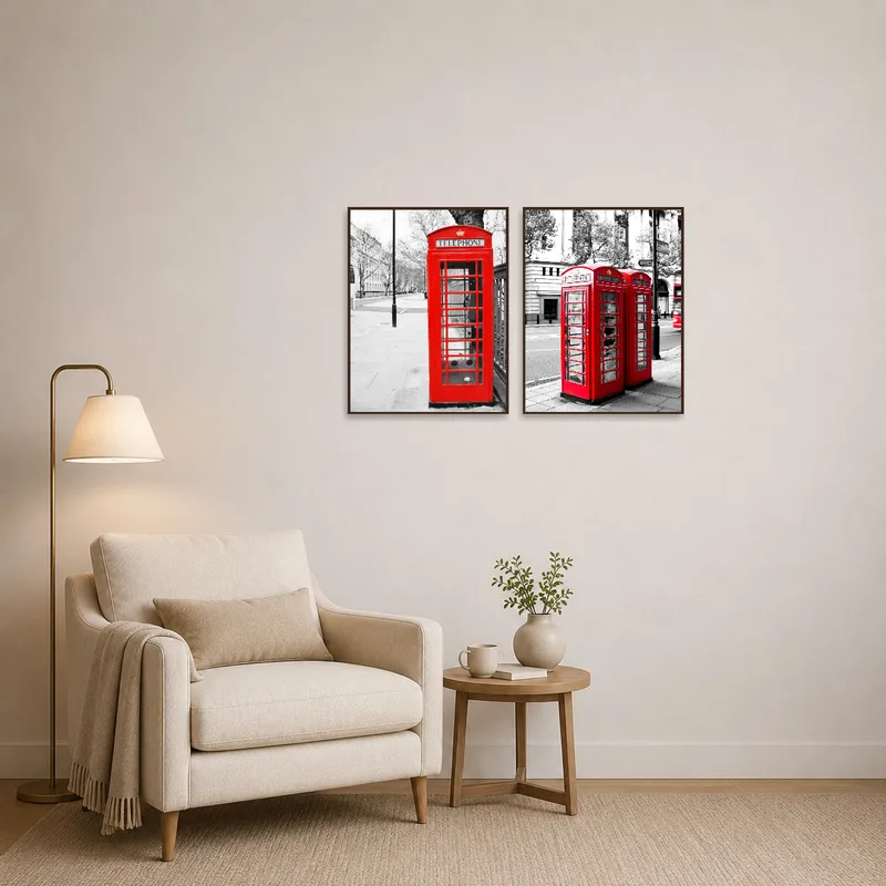 Red telephone booth art creates a vibrant focal point in a cozy reading corner.