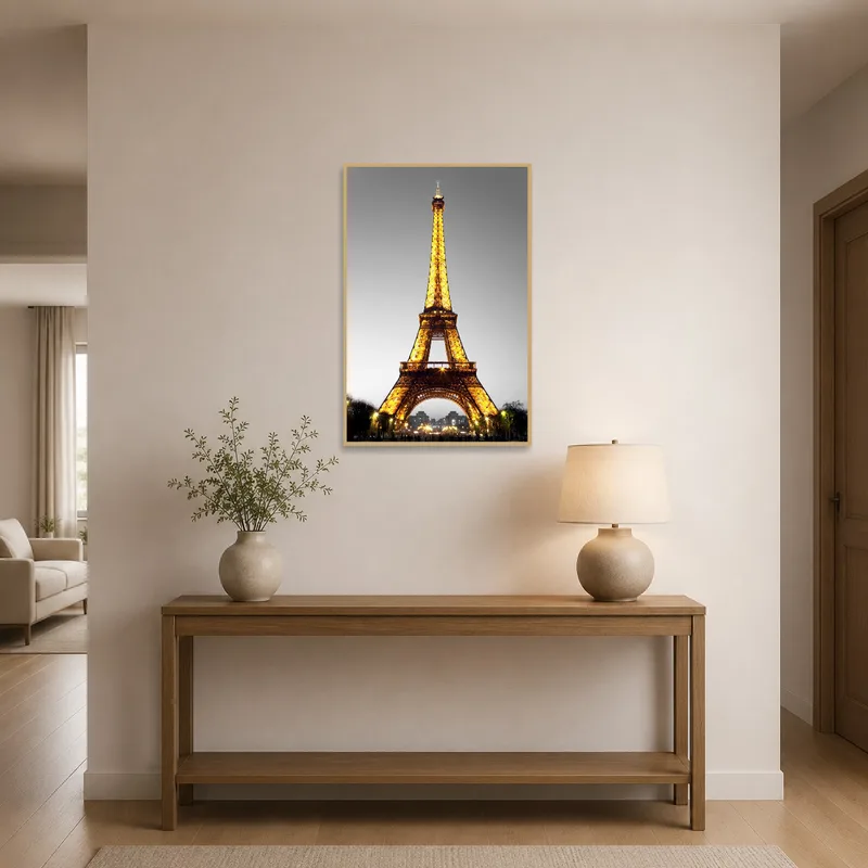 Eiffel Tower print greets you in a well-lit entrance hall.