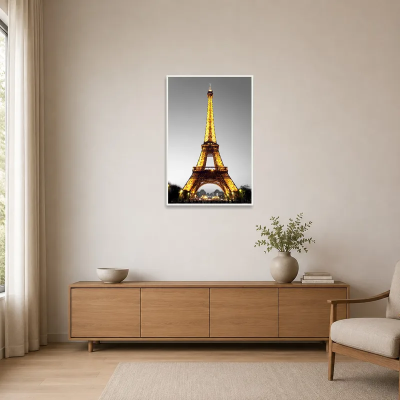 Eiffel Tower print in a minimalist space with neutral tones.