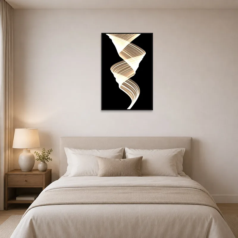 Bedroom with an illuminated spiral light art as the focal point.