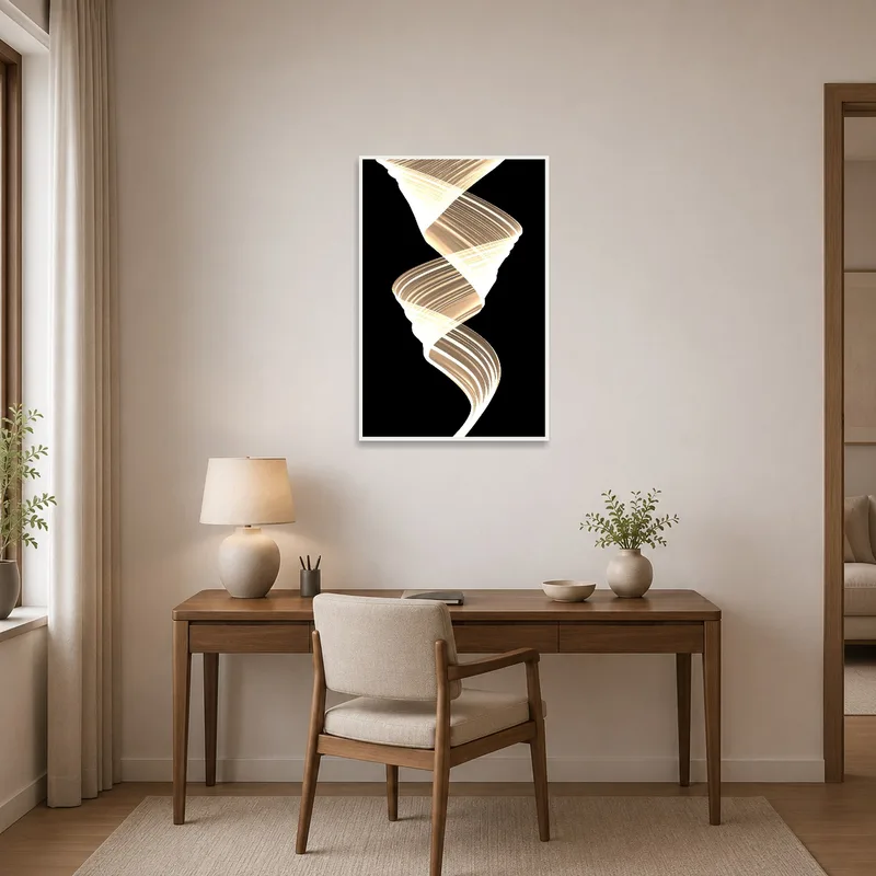 Home office adorned with a vertical illuminated spiral light art.