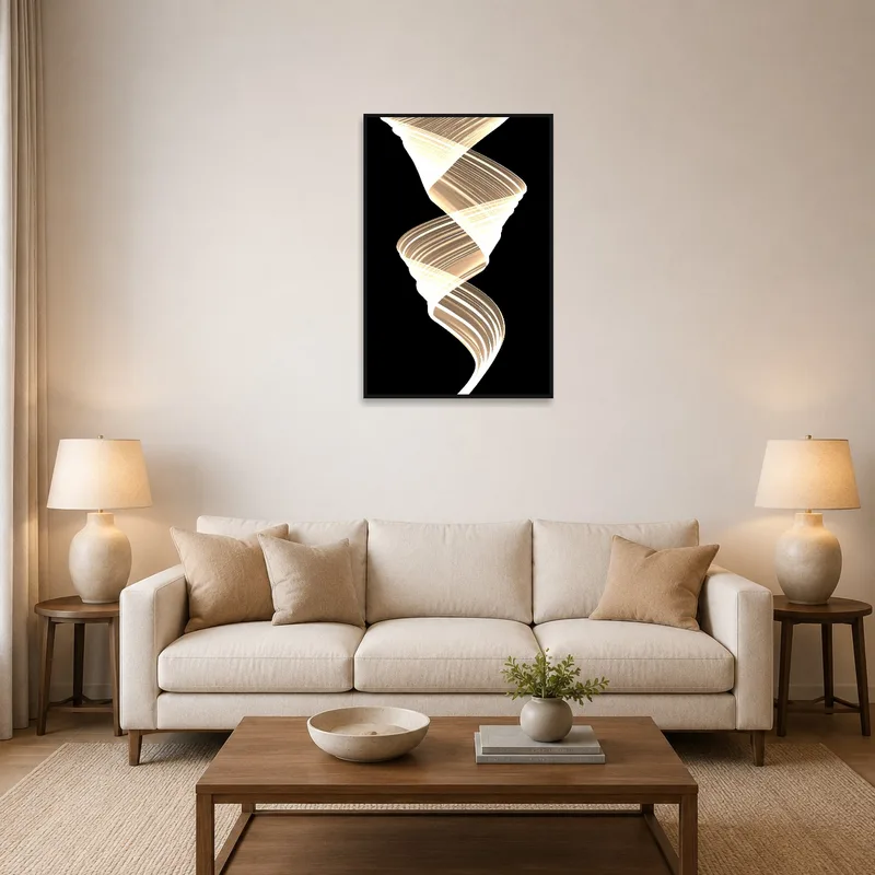 A living room with an illuminated spiral light art print on the wall.