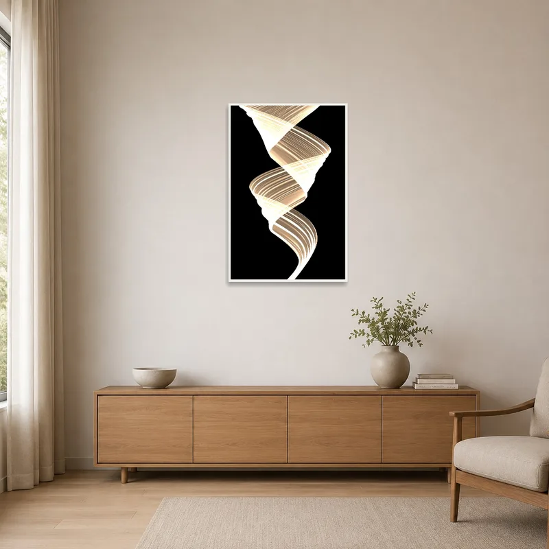 A minimalist room featuring the vertical illuminated spiral light art.