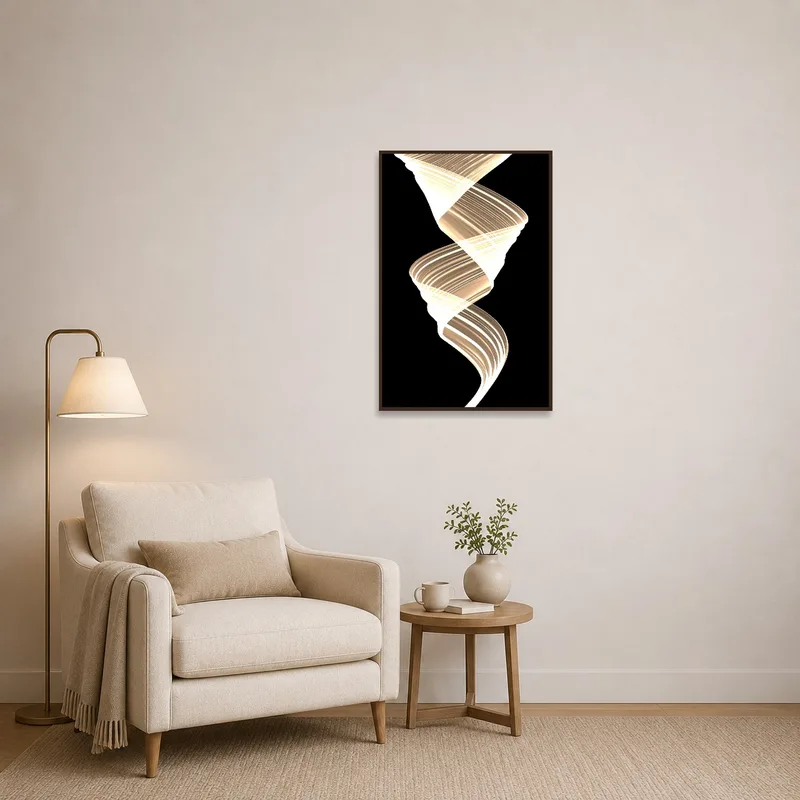 A cozy reading corner with an illuminated spiral light print.