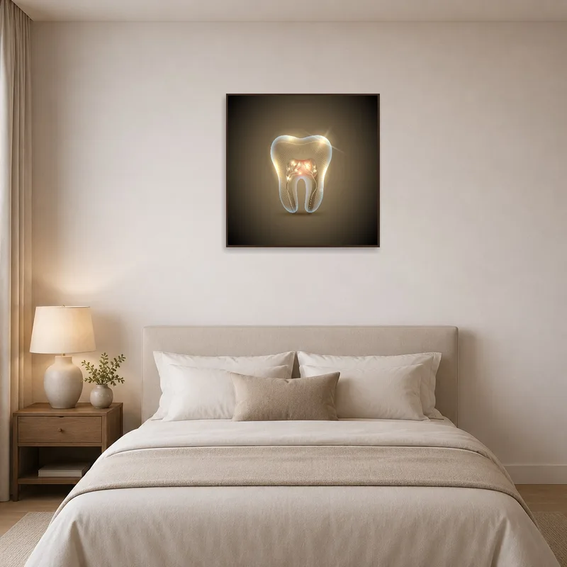Tooth anatomy art print serving as a focal point in a serene bedroom.