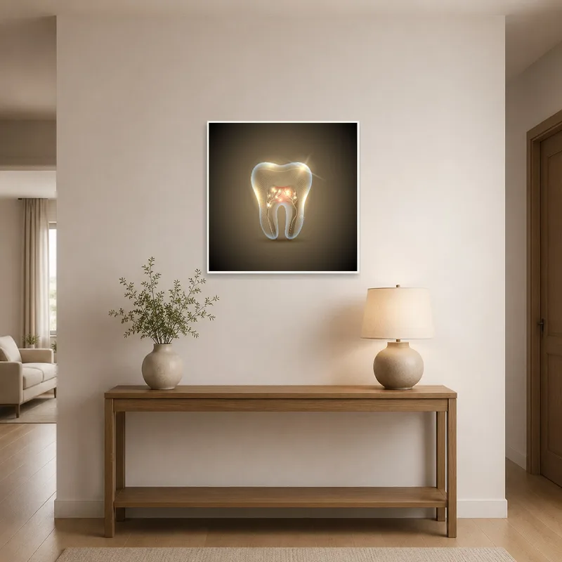 Anatomy art of a tooth displayed in the entrance hall, creating a welcoming vibe.