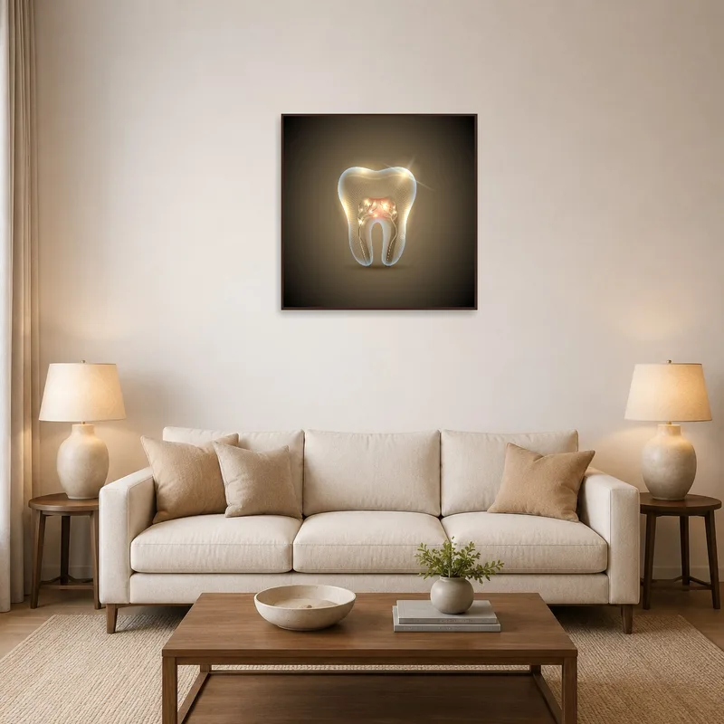 Illuminated tooth anatomy art placed above a sofa in a modern living room setting.