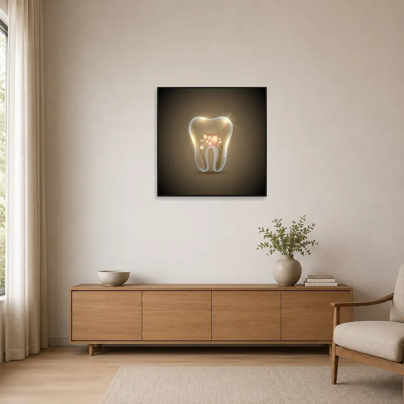 Tooth anatomy art enhancing the clean lines of a minimalist space.