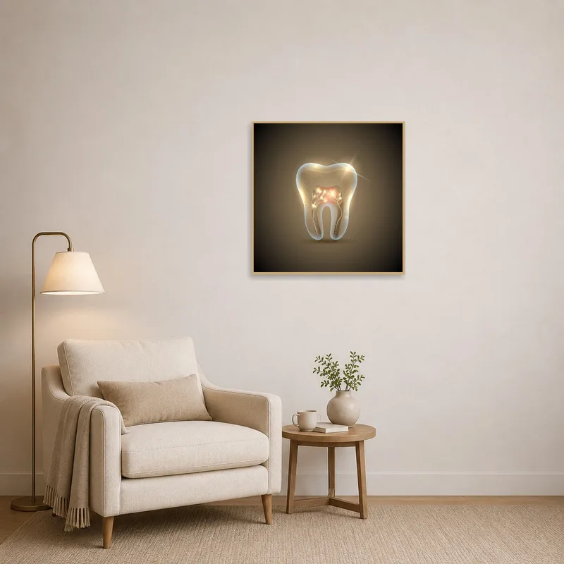 Detailed tooth anatomy art print next to a cozy chair in a quiet reading corner.