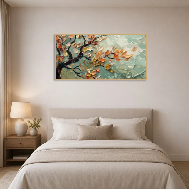 Impressionist blossom branch piece adds a touch of calm in the pastel-hued bedroom.