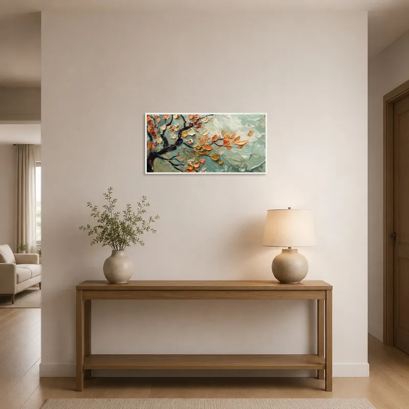 Blossom branch oil painting greets guests in entrance hall with gentle, impressionistic tones.