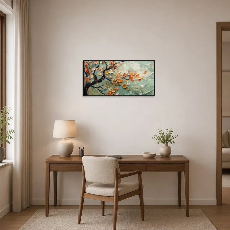 Artwork of blossom branch in pastel tones inspires in organized, serene home office.
