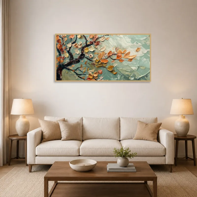 Impressionist blossom branch artwork complements cozy living room with soft, pastel colors.