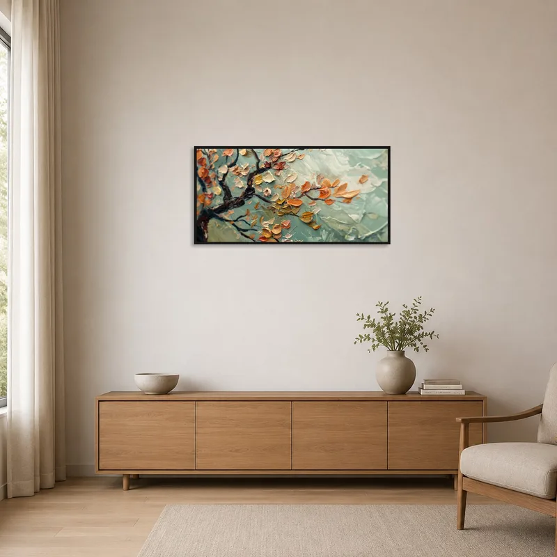 Impressionist blossom branch art enhances minimalist space with subtle pastel hues.