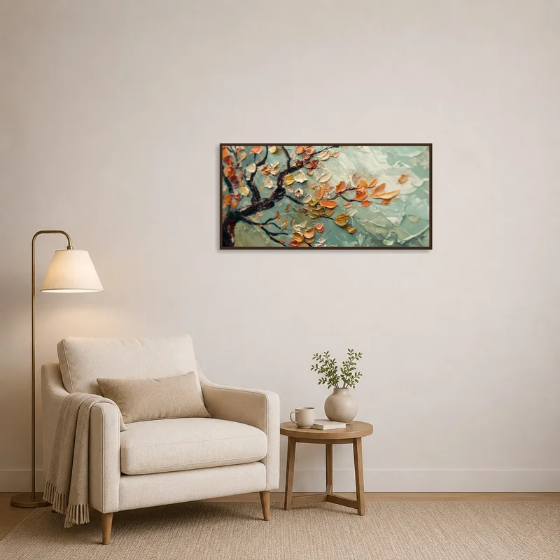 Pastel oil painting of blossom branch brightens up reading corner with soothing impressionist style.