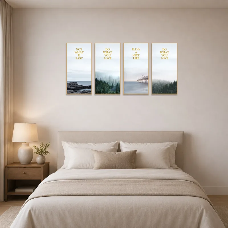 Bedroom wall adorned with inspirational coastal and forest photographs.