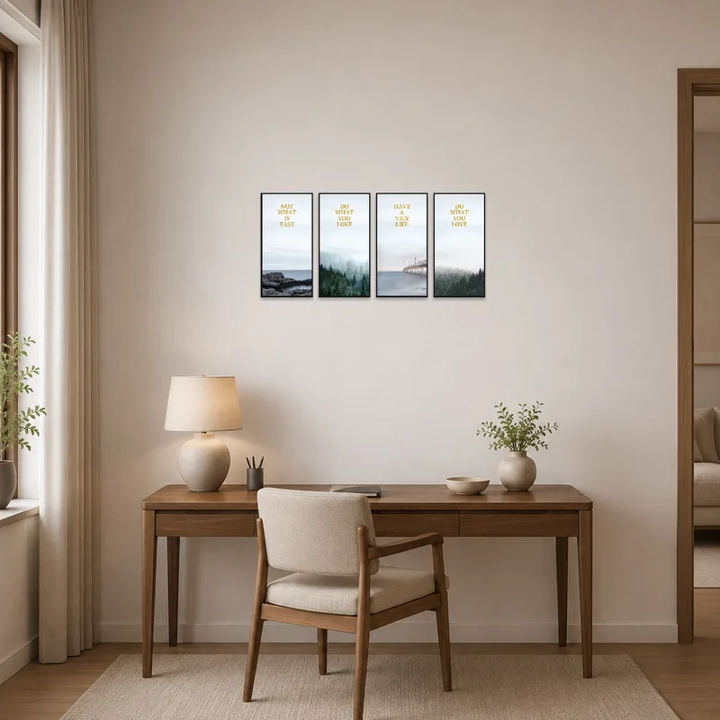 Home-office features a calming coastal and forest photography set.