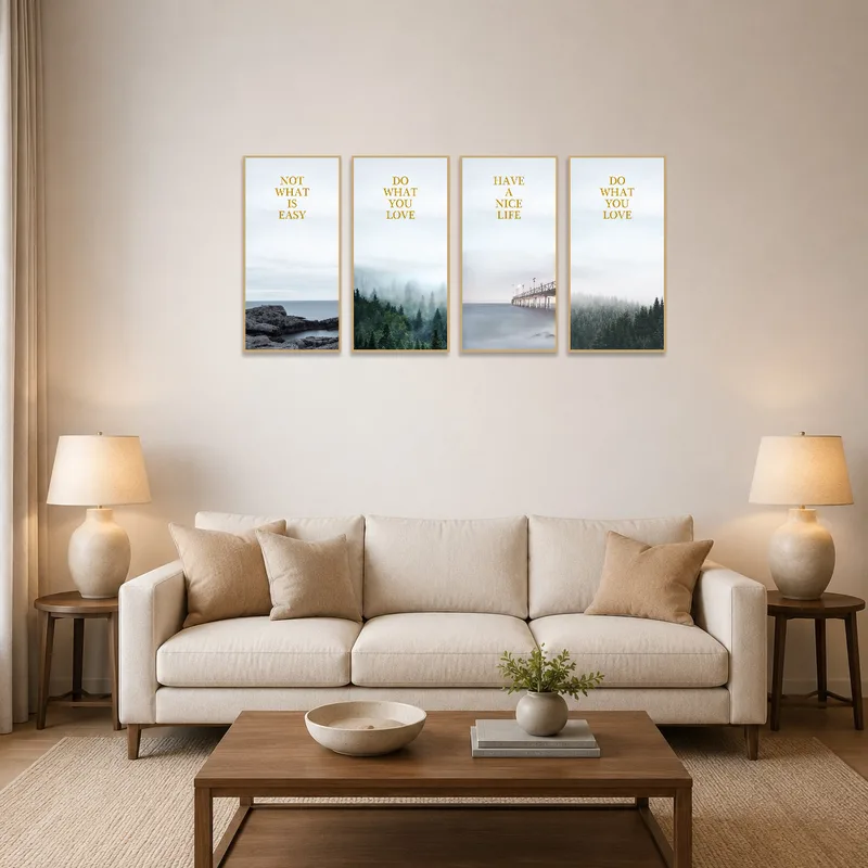 A coastal and forest photo set adds serenity to the living-room wall.