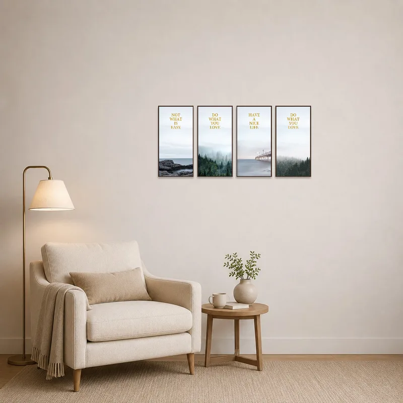 Reading corner with coastal and forest photos creating a tranquil space.