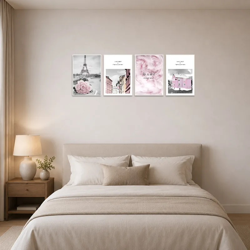 Bedroom wall adorned with an inspirational pink themed art set complementing serene bedding.