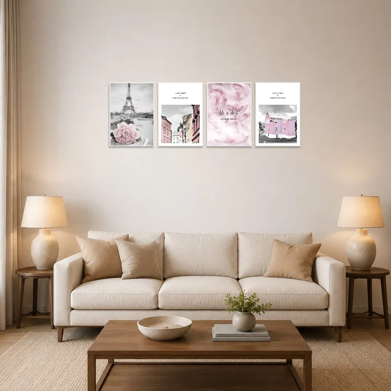 Inspirational pink art print set adorning a living room wall with cozy seating and soft lighting.