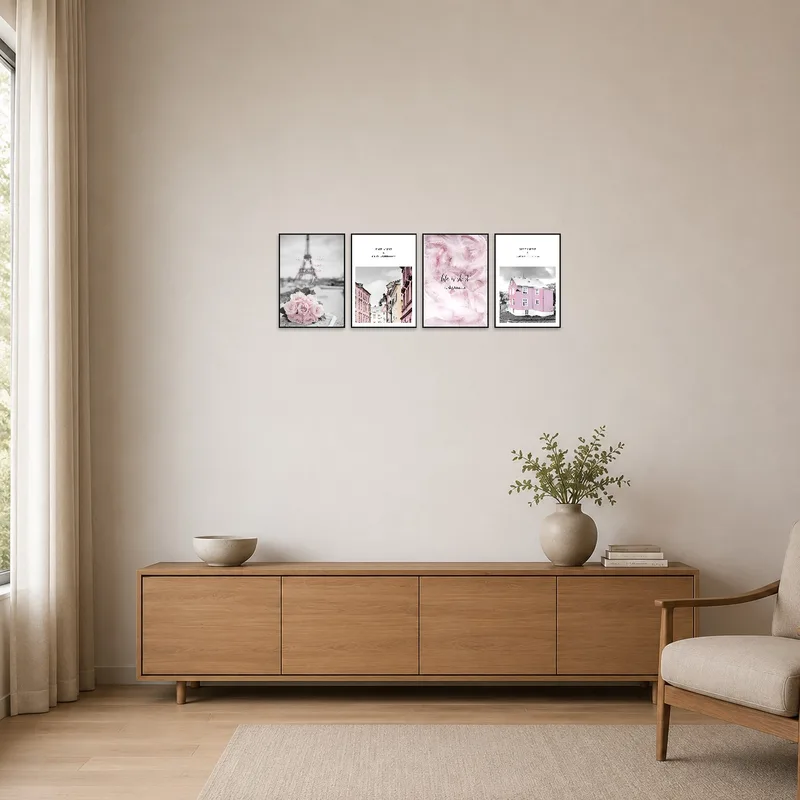Minimalist room showcasing a pink themed inspirational art set on a plain, light-colored wall.