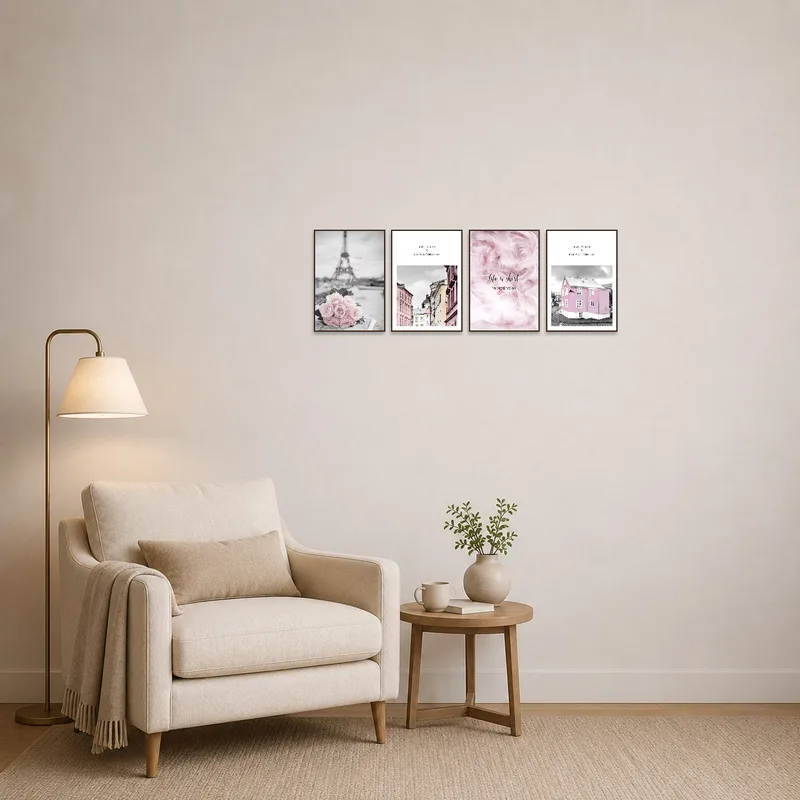 Reading corner enhanced by an inspirational pink art print set, adding color and motivation.