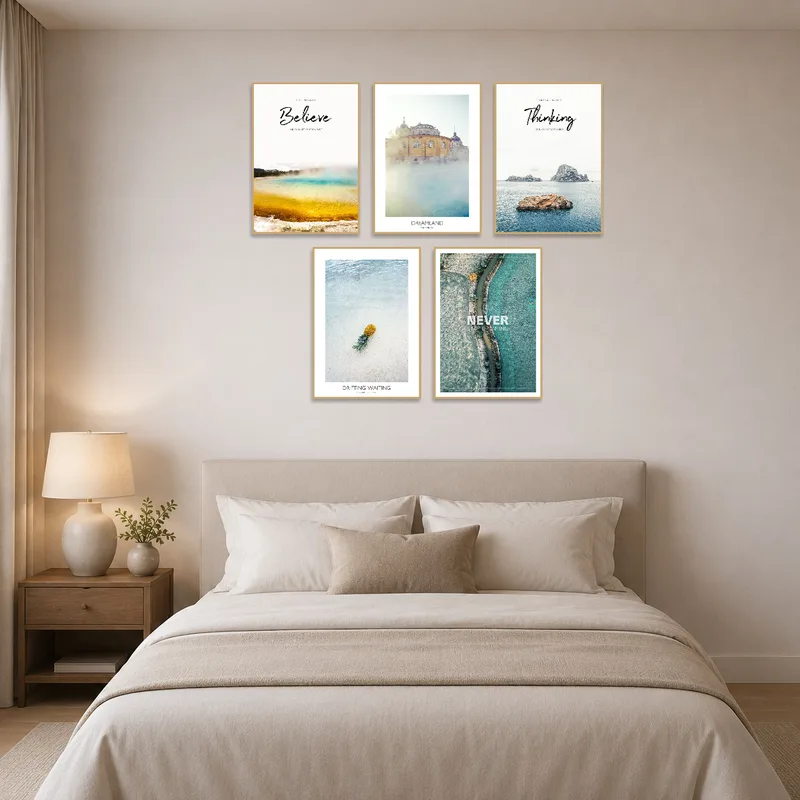 Bedroom adorned with serene art prints, creating a peaceful and inspiring retreat.