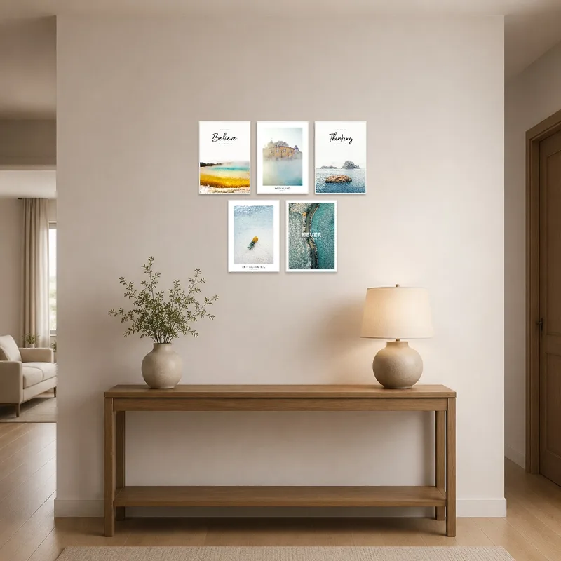 Art print set greets with scenic views in the entrance hall, adding uplifting charm.