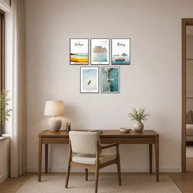 Home office energized by scenic art prints, fostering inspiration and creativity.