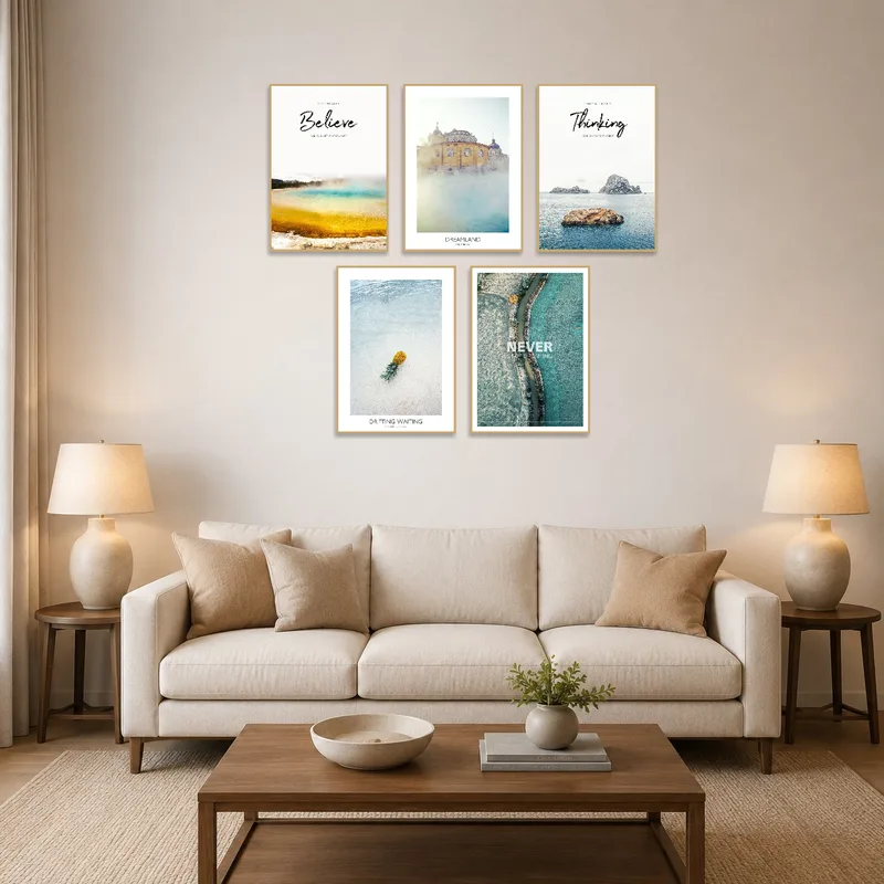 Scenic art prints enhance the living room ambiance with inspirational landscapes.