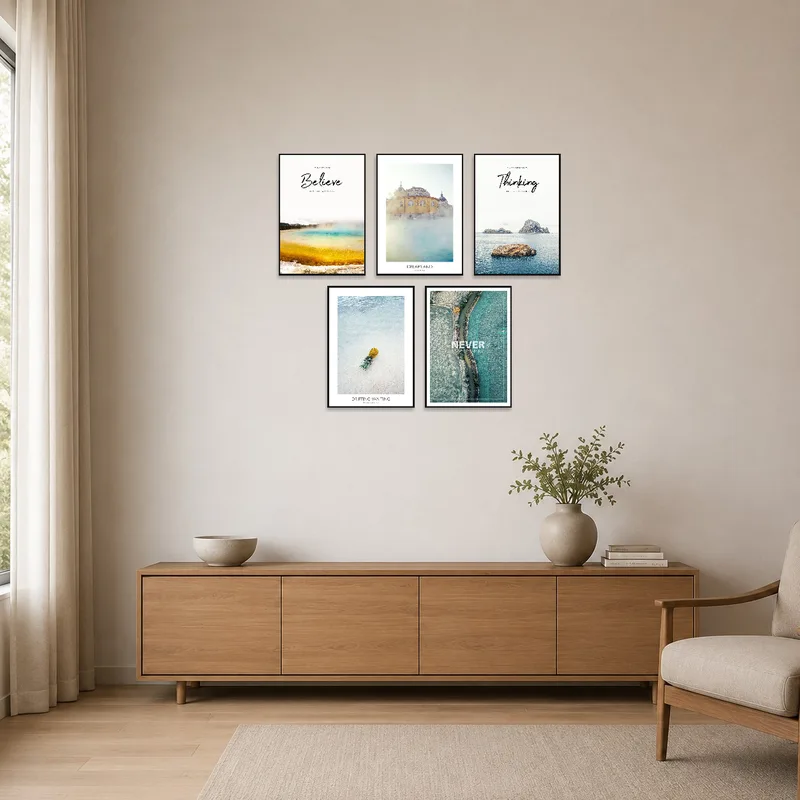 Minimalist room featuring art prints that add a touch of nature and inspiration.