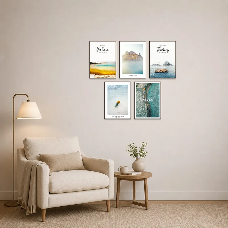 Cozy reading corner complemented by inspiring scenic prints for tranquil moments.