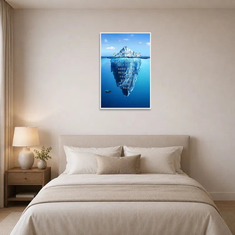 Success-themed iceberg print adding ambiance to a bedroom.